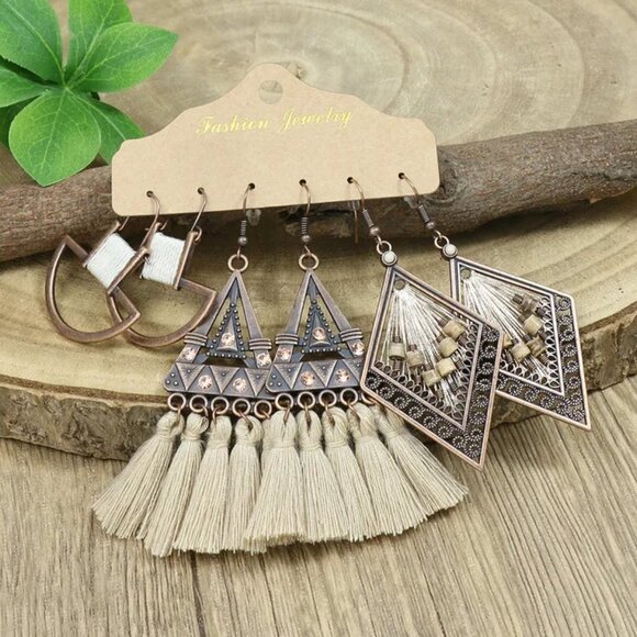Bohemian 3 Pc Beaded Tassel Drop Earrings Leaves Water Droplets Flowers NEW - Picture 6 of 9